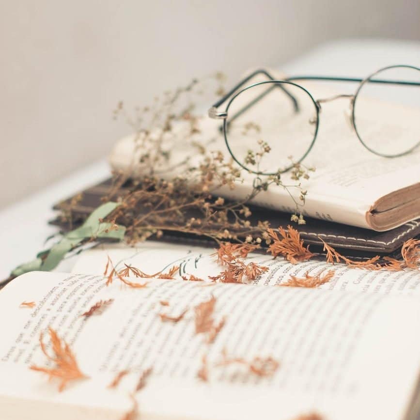 silver framed eyeglasses on top of open books